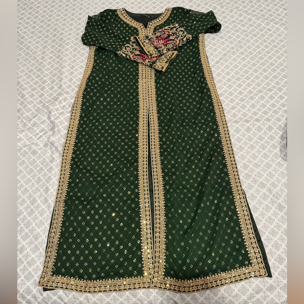 Embroidered Dark Green Maxi Dress with Gold Trim 3 pcs suit